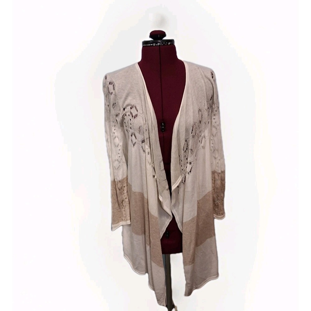 Tribal Open Front Waterfall Striped Cardigan Crochet Coastal Beigecore ‎ Sz M
